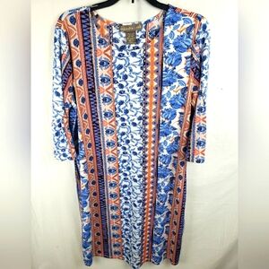 Alexandra + Oak Blue And Orange 3/4th Length Sleeve Shift Dress Sz L